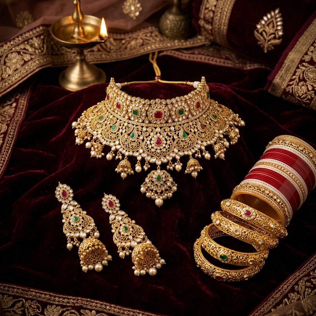 Stunning Indian bridal jewelry set with necklace, earrings and bangles