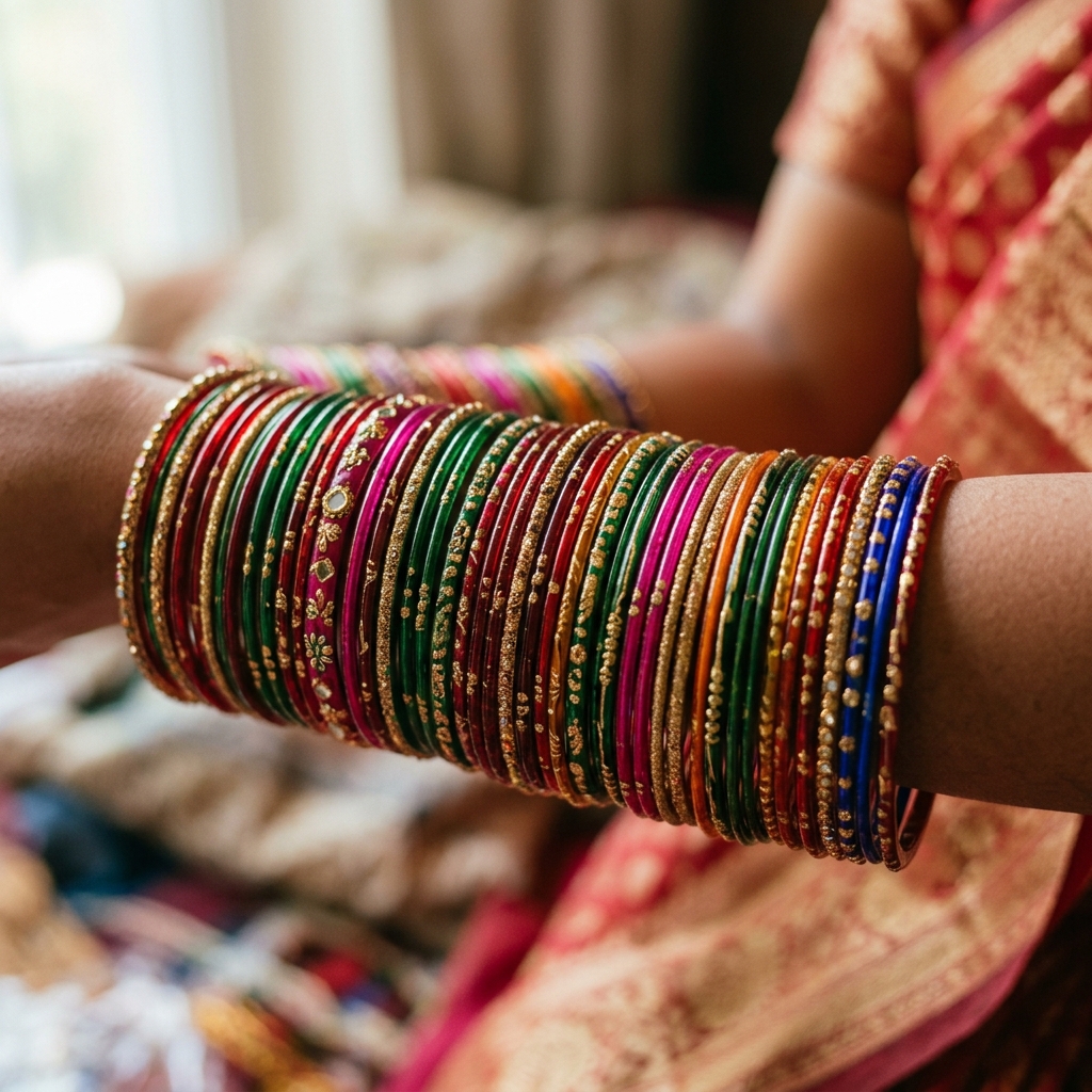 Traditional Indian glass bangles in vibrant colors