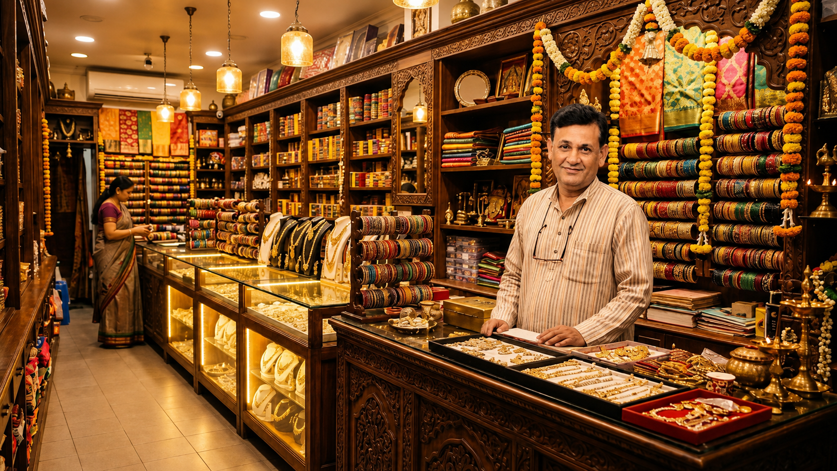 Beautiful display of colorful Indian glass bangles at Asha Chudi Bhandar